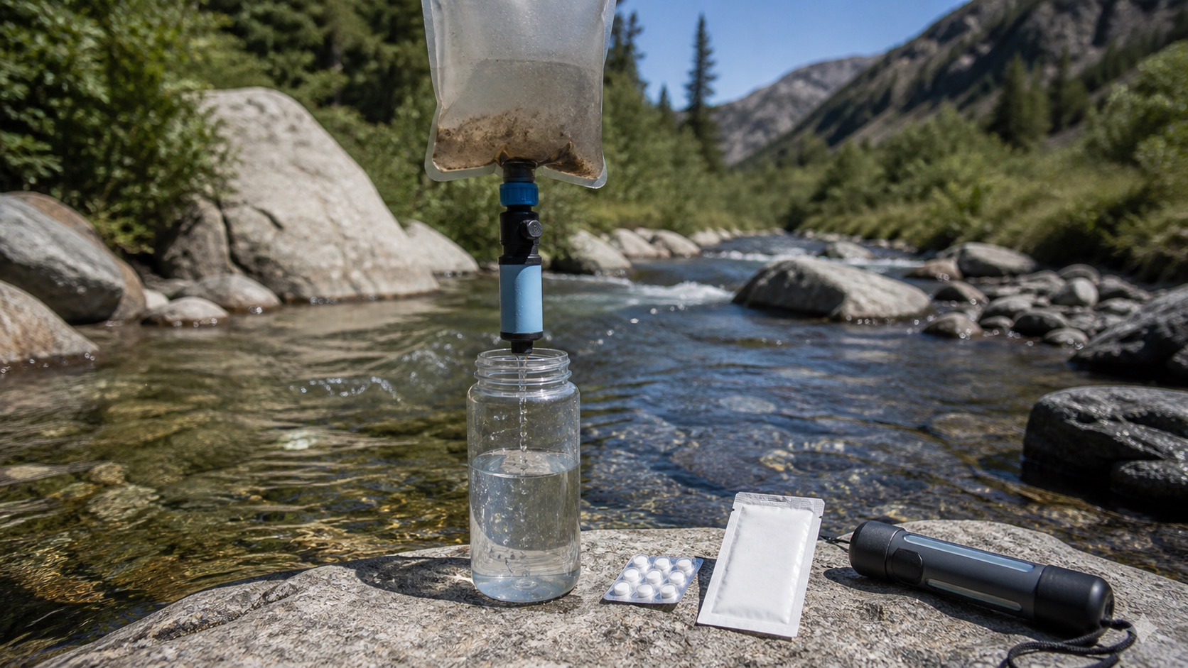Backpacking squeeze filter transferring stream water into a clean bottle