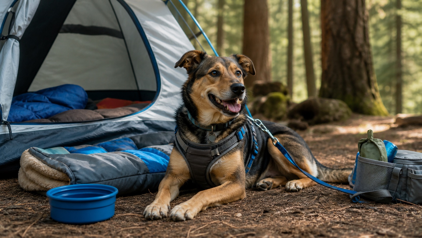 Harnessed dog resting beside a water bowl and packed trail kit at a campsite