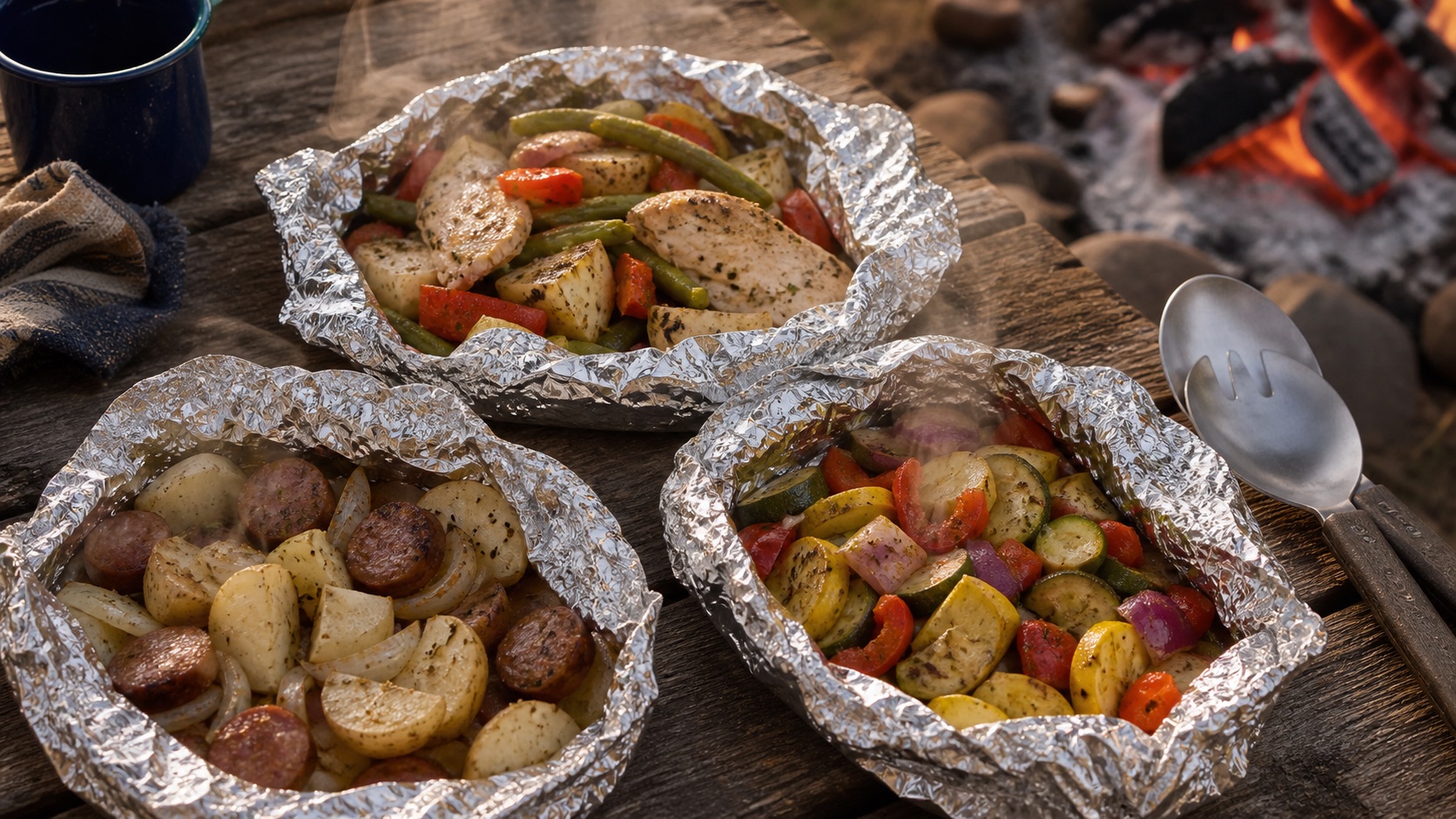Cooked foil packet meals with chicken, sausage and vegetables at a campsite