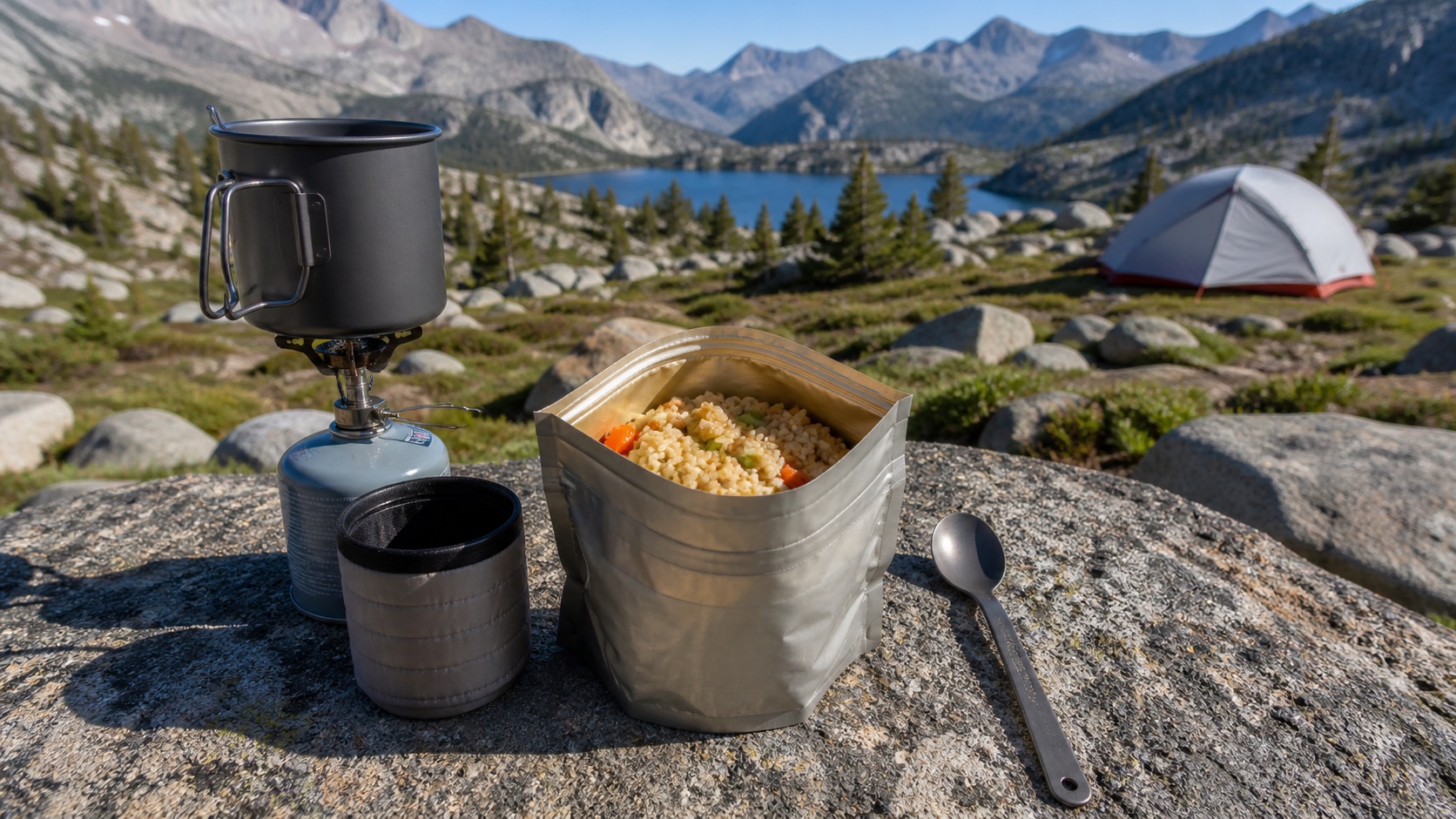 Shelf-stable trail meal prepared with a compact stove at a mountain campsite