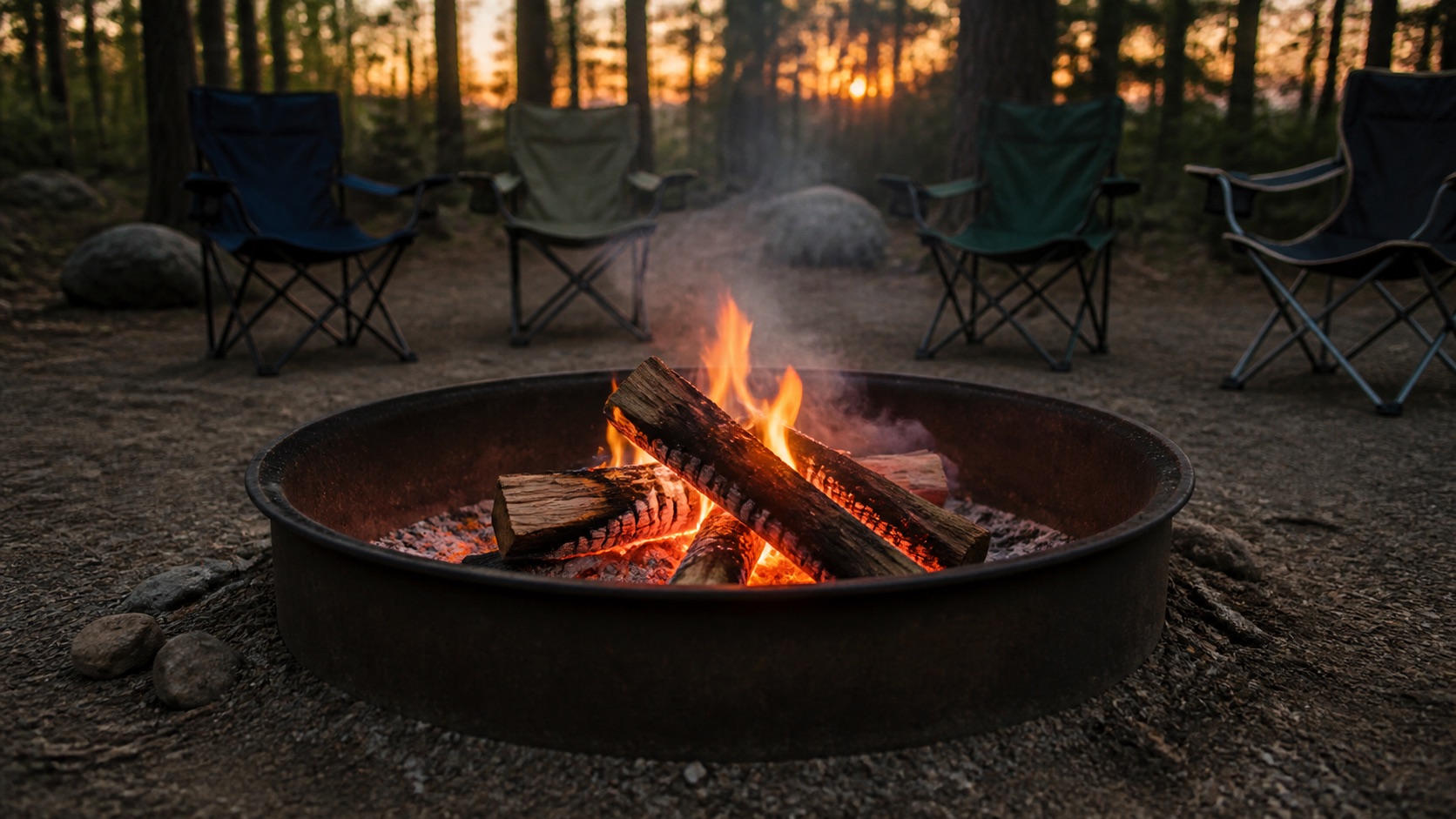 Campers gathered warmly around a glowing evening fire playing group games and sharing stories